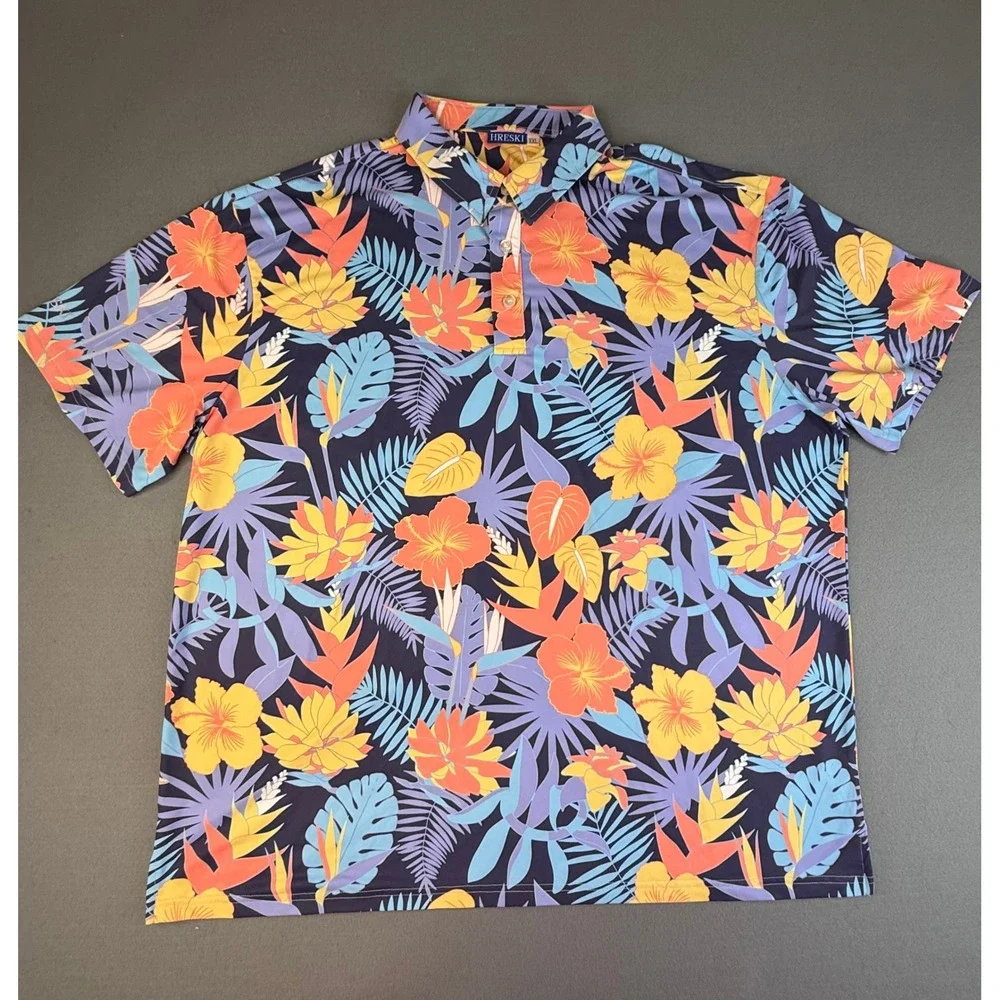 Hreski Polo Shirt Mens XXL Multicolor Tropical Floral Palm Leaf Golf Performance